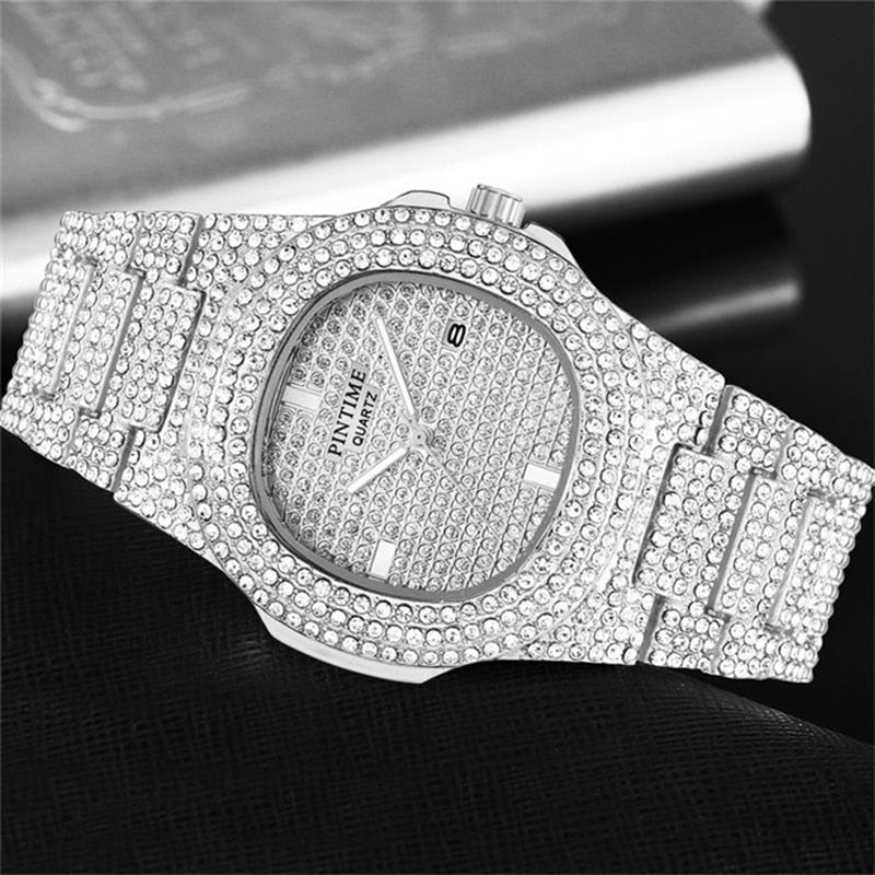 PINTIME Herrenuhr Diamant-Edelstahl-Datumsquarzuhr
