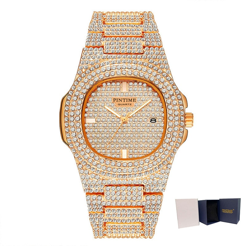 PINTIME Herrenuhr Diamant-Edelstahl-Datumsquarzuhr