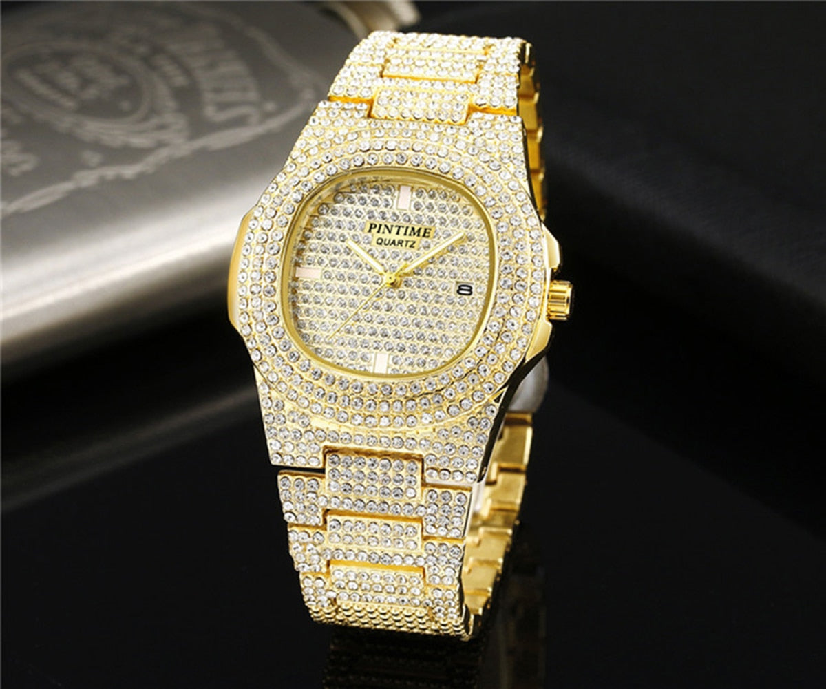PINTIME Herrenuhr Diamant-Edelstahl-Datumsquarzuhr