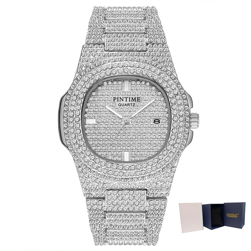 PINTIME Herrenuhr Diamant-Edelstahl-Datumsquarzuhr
