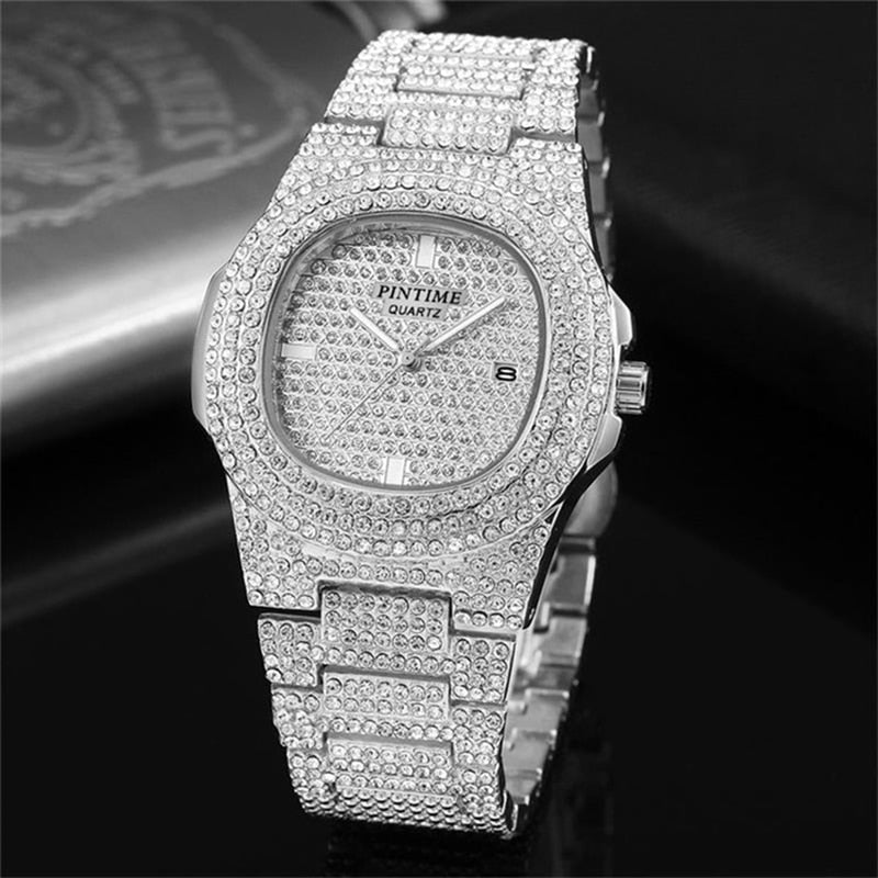 PINTIME Herrenuhr Diamant-Edelstahl-Datumsquarzuhr