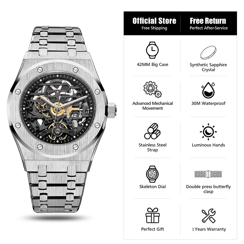 FEICE Automatische mechanische Edelstahl Luxusuhr Skeleton