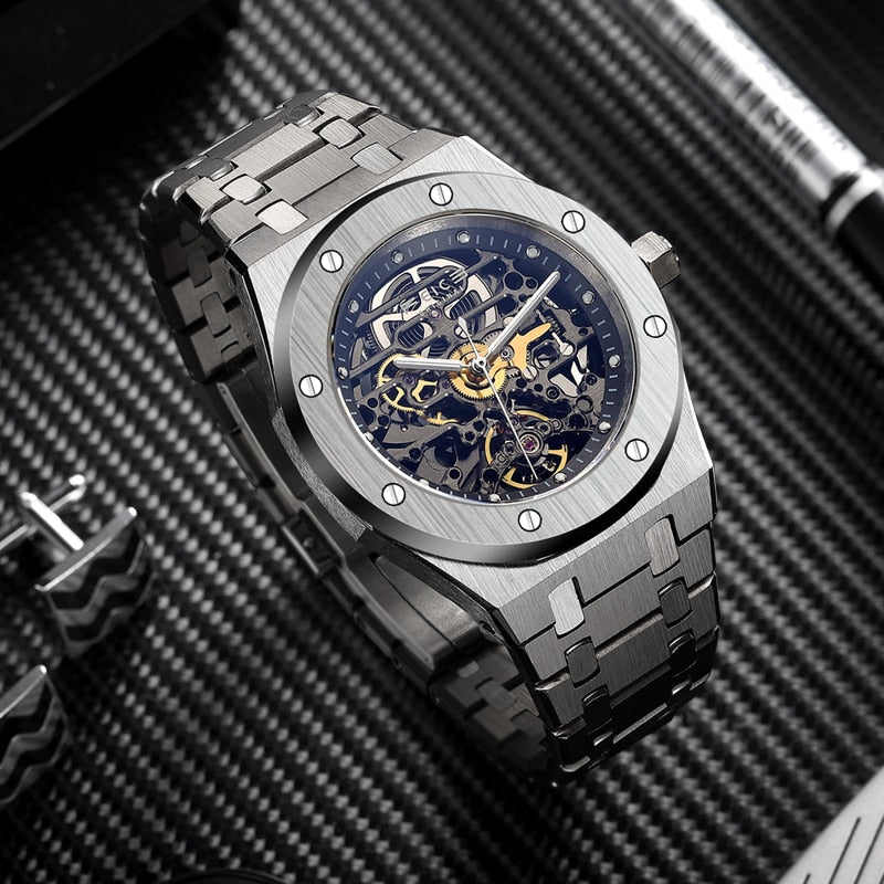 FEICE Automatische mechanische Edelstahl Luxusuhr Skeleton