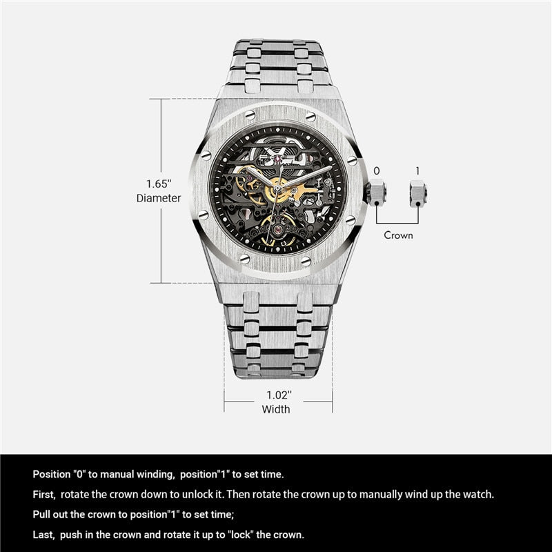 FEICE Automatische mechanische Edelstahl Luxusuhr Skeleton