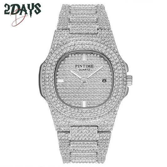 PINTIME Herrenuhr Diamant-Edelstahl-Datumsquarzuhr